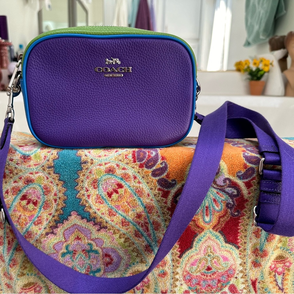 Coach Mini Jamie Crossbody Camera Bag Colorblock Purple Turquoise Excellent